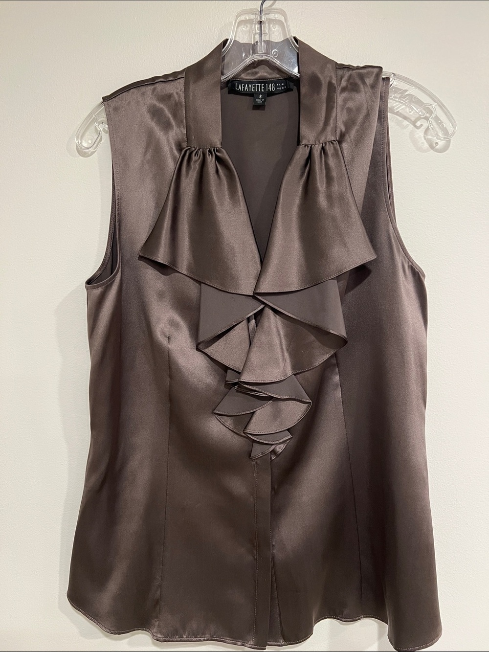Lafayette 148 New York Chocolate Brown Satin Ruffle Sleeveless Top